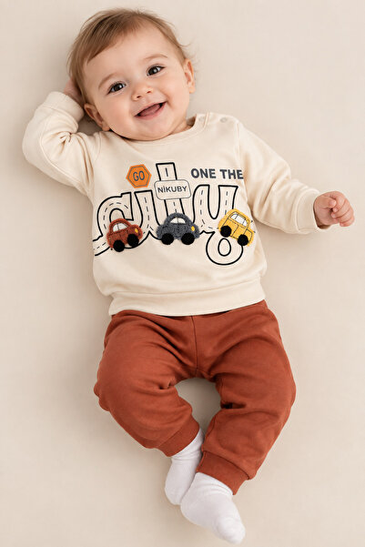 Mou&Kou Bebek Araba İşlemeli 2’li Takım Sweatshirt ve Alt Seti, Yumuşak Konfo...