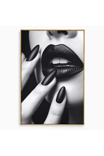 Luxcanva Tablou Canvas Buze Negre 80x120 cm cu Rama Auriu Buze Portret Modern