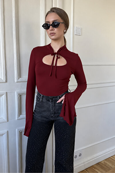 World Fashion Trends Pencere Dekolteli Bağlama Detaylı Uzun Kollu Bluz - Bordo