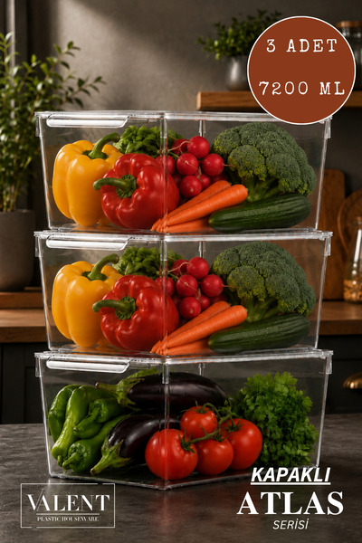 VALENT Atlas 3'lü 7200ML Kapaklı Saklama Kabı Buzdolabı Düzenleyici Akrilik