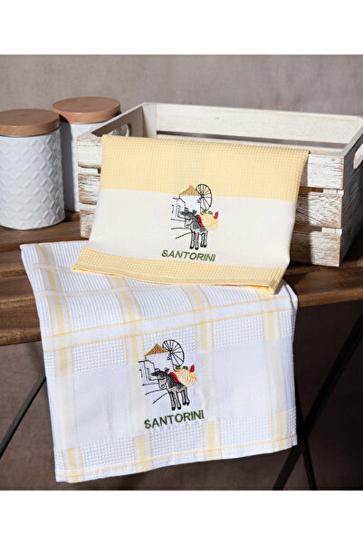 Silk Fashion Σετ 2 πετσετών κουζίνας (50εκ x 70εκ) κίτρινο ανεμόμυλος ΣΑΝΤΟΡΙΝΗ