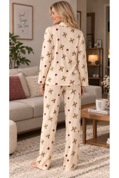 forte bella Beige Teddy Bear Pattern Trendy Top and Bottom Pajama Set