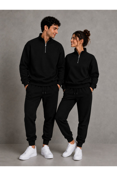 Jooy Sevgili Çift Kombini 2'li Yarım Fermuarlı Sweatshirt 2'li Eşofman Altı 4 Parça Set