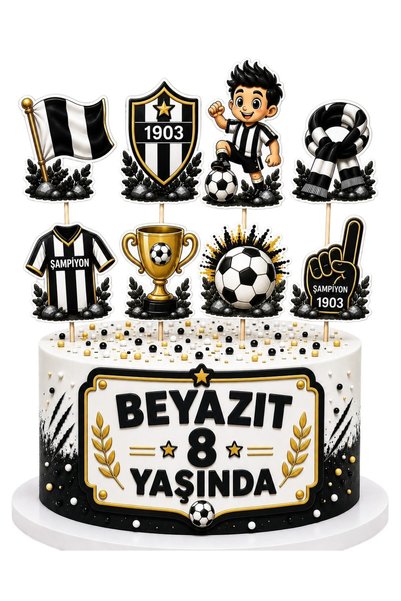 telaşe memuru İSİMLİ - Siyah Beyaz Taraftar Temalı Pasta Süsü Çubuklu ve Şeke...