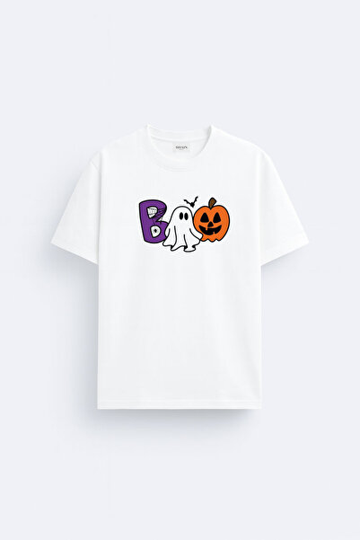 cesita Halloween Boo Printed White Crew Neck T-Shirt