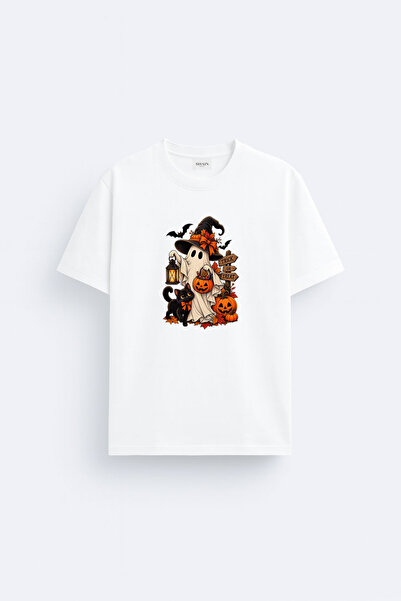 cesita Halloween Ghost Printed White Crew Neck T-Shirt