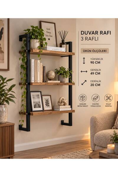 Sofmina 3 Raflı Duvar Rafı – Ahşap Metal Dekoratif Kitaplık – 90x49x20 cm