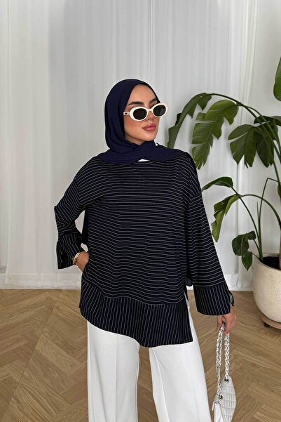 LOCCO Women's Slit Detail Striped Sweatshirt Navy Blue