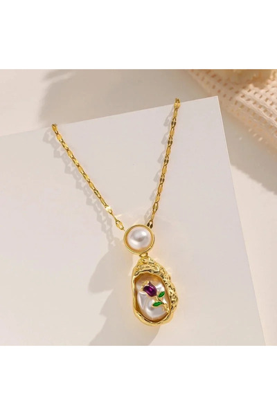 Peach Jewelry Κολιέ με Ασύμμετρο Λουλούδι, Κομψό και Λαμπερό, με Μαργαριτάρι,...