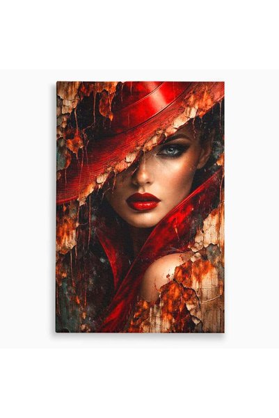 Luxcanva Tablou Canvas Femeie Misterioasa 50x70 cm pe Sasiu Lemn Portret Rosu...