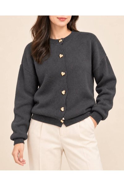 VOLNİX Women's Heart Buttoned Crew Neck Long Sleeve Knitwear Cardigan