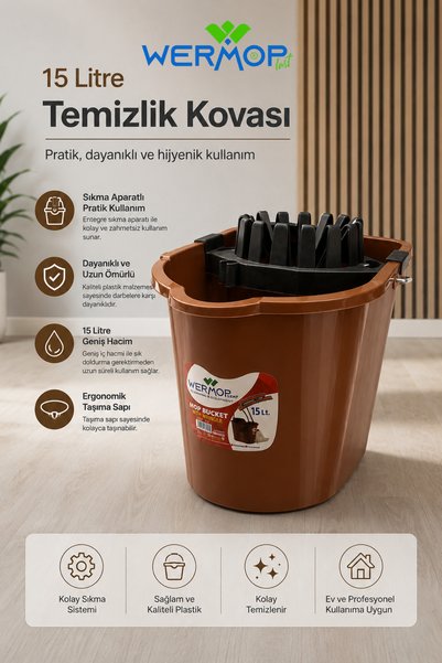 WERMOPLAST Safir 15 Litre Temizlik Kovası Sıkma Aparatlı Mop Kovası - kahve