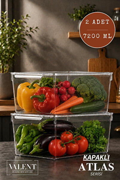 VALENT Atlas 2'li 7200ML Kapaklı Saklama Kabı Buzdolabı Düzenleyici Akrilik