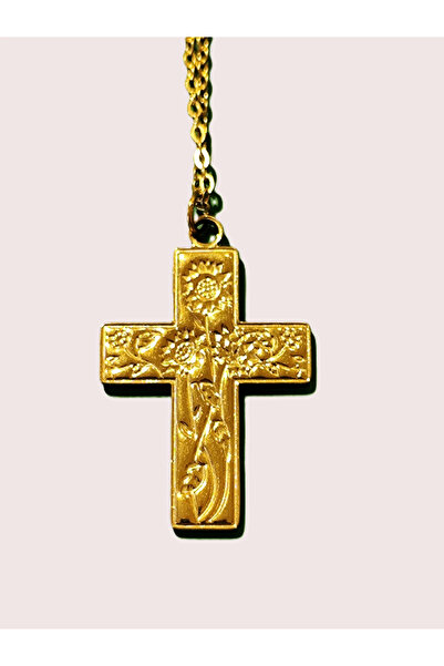 Peach Jewelry Ατσάλινος Σταυρός με Ηλιοτρόπια Επιχρυσωμένος 18Κ