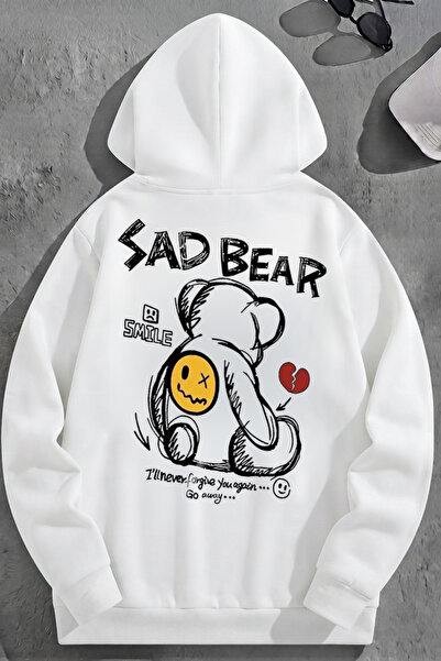 K KOZZ STYLE Unisex 3 Thread Cotton White Sadbear Print Loose Fit Sweatshirt ...