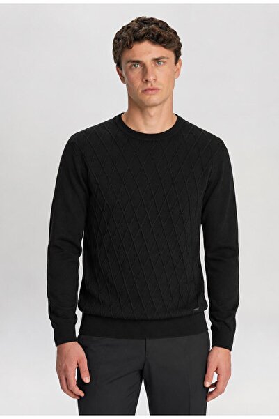 TENA Men's Black Crew Neck Diamond Knit Corspan Knitwear