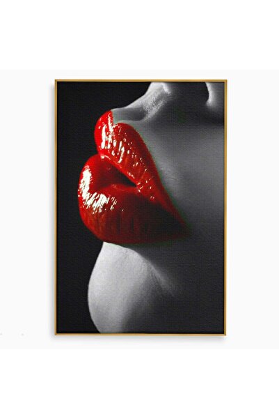 Luxcanva Tablou Canvas Sarutul Rosu 40x60 cm cu Rama Auriu Buze Arta Modern