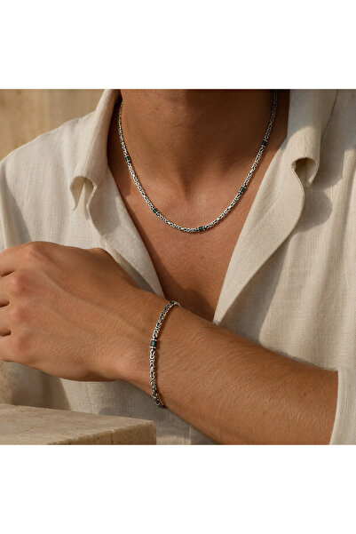 Ahamelia Jewelry 925 Ayar Gümüş Zirkon Taşlı Kral Model Set (Kolye-Bileklik)