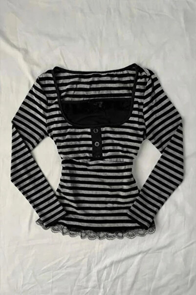 BALİNA Siyah Gri Çizgili Düğme Detaylı Dantelli Vintage Y2K Uzun Kollu Crop