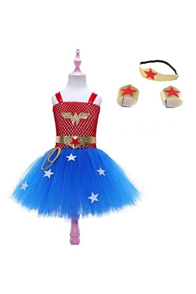 Funny Party Team Wonder Girl Costume for Girls – Red-Blue Superhero Dress wit...