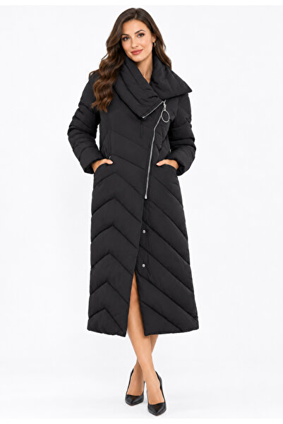 Generic Brand Geacă Lungă Matlasată Damă Neagră, Croi Elegant Asimetric, Gule...