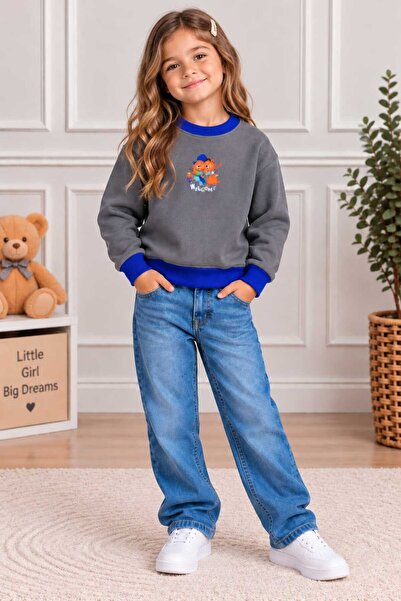 Unisex Çocuk Ayıcık Baskılı Üç İplik Sweatshirt