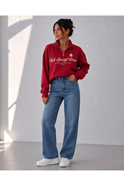 Genel Markalar Kadın Kırmızı Yarım Fermuarlı Nakış Baskılı Oversize Üç İplik Sweatshirt