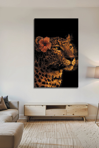 Parıltı Yayınları Işıltılı Leopar Cam Tablo Lüks Duvar Dekoru Çiçekli Vahşi D...