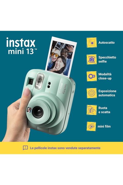Fujifilm instax mini 13 instant camera with built-in Automatic flash, built-in selfie mirror, close up mode and self-timer, Lagoon Green