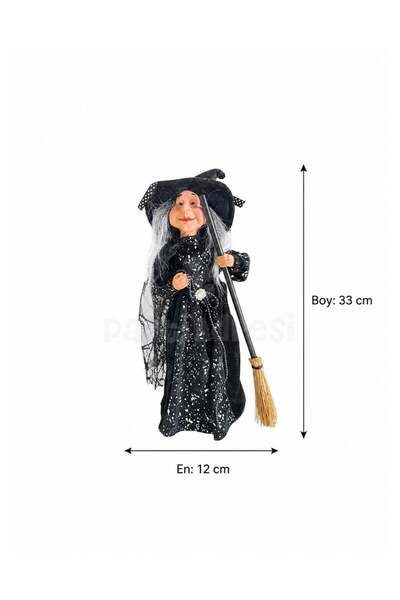 Parti Adresi Cadılar Bayramı Süpürgeli Cadı – Halloween Parti ve Ev Dekorasyonu Siyah 33 cm