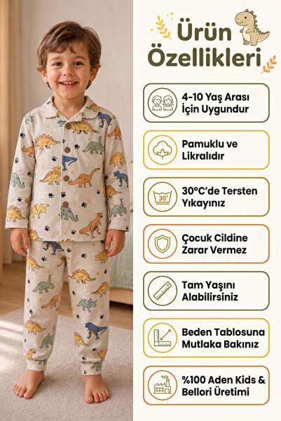 aden kids Erkek çocuk dinazor basklı gömlek yaka düğmeli pijama takımı