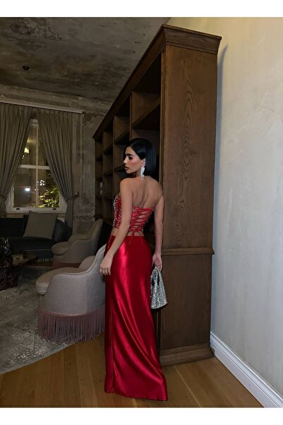 Generic Brand Crystal Stone Detailed Tie-Back Top and Zippered Satin Skirt Set