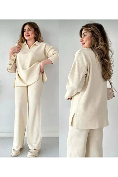 BertoNelly Women's Knitwear Set Polo Collar Detailed Sweater and Pants