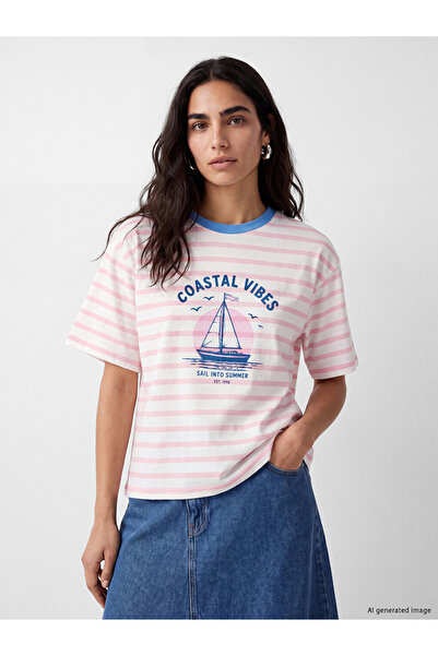 LC Waikiki Natuvera Pink Crew Neck Striped 100% Cotton Women's T-Shirt