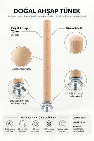 Mivra Pets Doğal Ahşap Kuş Tüneği 22 cm x 20 mm Vidalı Kafes Aksesuarı