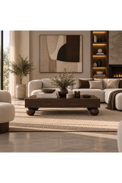 Trihome Masif Ahşap El Yapımı Modern Orta Sehpa – Top Ayaklı Kare Tasarım