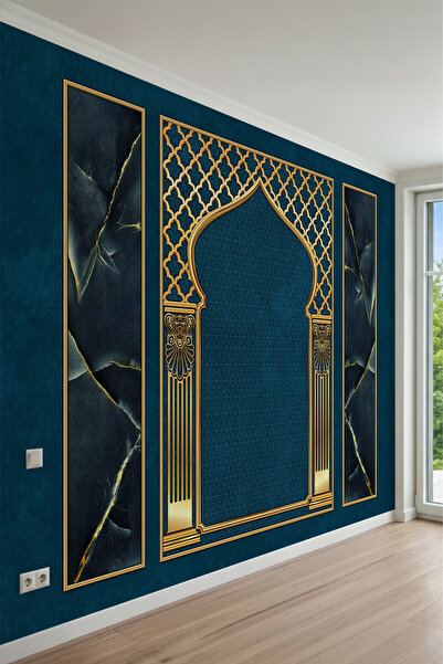 MİRAZAWALL Kadife Görünümlü Mihrap ve Mermer Panel Desenli Tek Parça Tekstil ...
