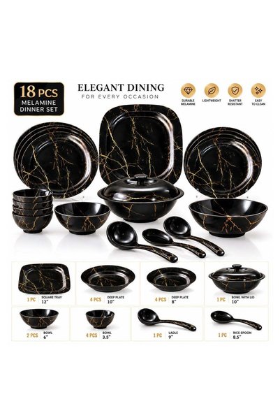 Bisbell 18 Pcs Melamine Dinner Set | Black Gold Marble Dinnerware Set with 12" Square Tray, 10" & 8" Deep Plates, 10" Bowl with Lid, Bowls, Ladle & Rice Spoon