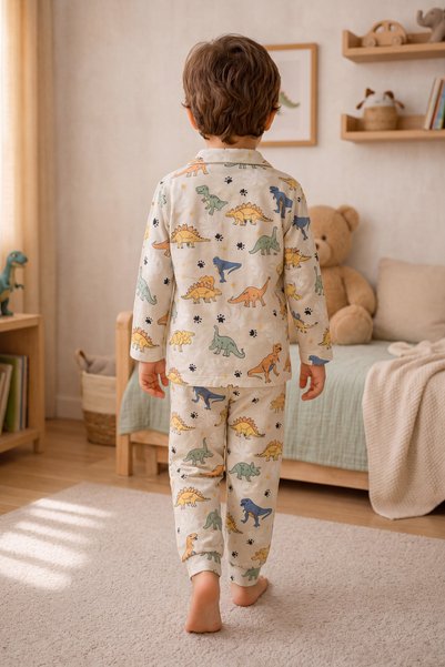 aden kids Set de pijamale pentru băieți, cu imprimeu cu dinozauri, cu guler și nasturi