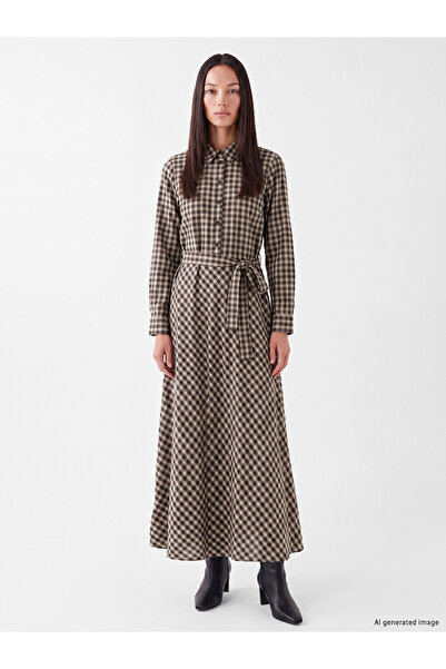 LC Waikiki Vizyon New Season Green Belted Plaid Shirt Dress