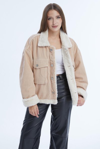 Select Moda Women's Double Pocket Fur Lined Corduroy Coat