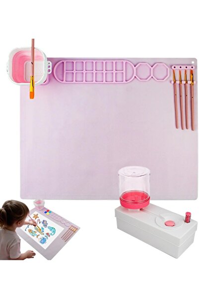 UKR Silicone Painting Mat with Foldable Cup & Paintbrushes, Non-Stick Silicone Artist Craft Mat with Cleaning Cup for Painting (Pink)