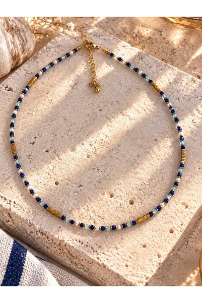By Song Aksesuar Amazonite, Lapis Lazuli, Sand Pearl, and Hematite Natural Stone Necklace