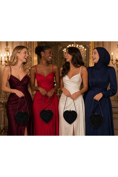 womenacs حقيبة سهرة سوداء اللون بتصميم على شكل قلب من مادة حجرية غير لامعة مع حزام سلسلة لحفلات الزفاف والخطوبة