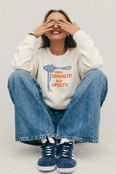Monila Kadın Premium Kumaş 3 İplik Şardonlu Spagetti Baskılı Sweatshirt