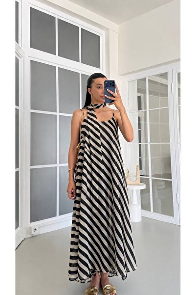 Olbia Women's Beige Striped Scarf-Strapped Long Chiffon Dress