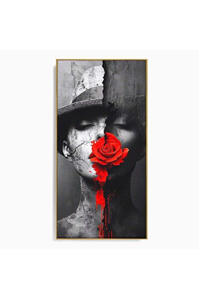 Luxcanva Tablou Canvas Portret Cu Trandafir Rosu 60x120 cm cu Rama Auriu Port...