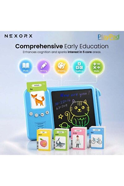 NexorX Kids Learning Tablet with LCD Writing Pad & Flash Cards PlayPad Early Education Machine Audio Card Reader Toy Drawing Board, Rechargeable Educational Gift for Boys & Girls (3+ Years) (Blue)