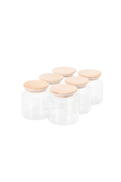 Homekolik 6-Piece 600 ml Glass Spice Rack Set |   Vacuum Label-Free Spice Storage Set with Wooden Lid |   Kitchen Organizer