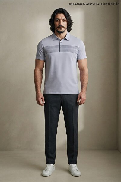 Maccali Lila Large Size Men's Woven Tape Polo Collar T-Shirt